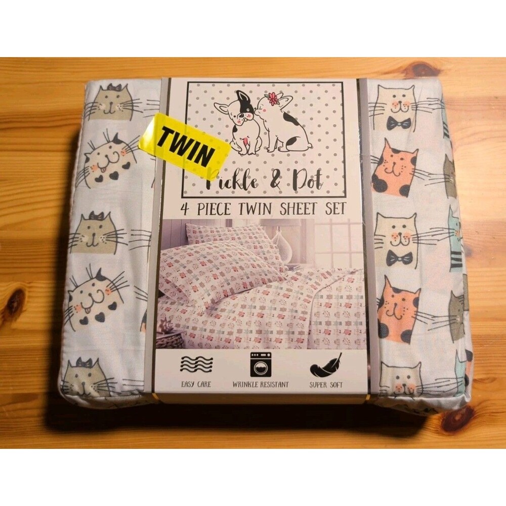 Pickle & Dot - Twin Sheet Set (4 Piece) - Cat Print / 2 sheets, 2 pillowcases